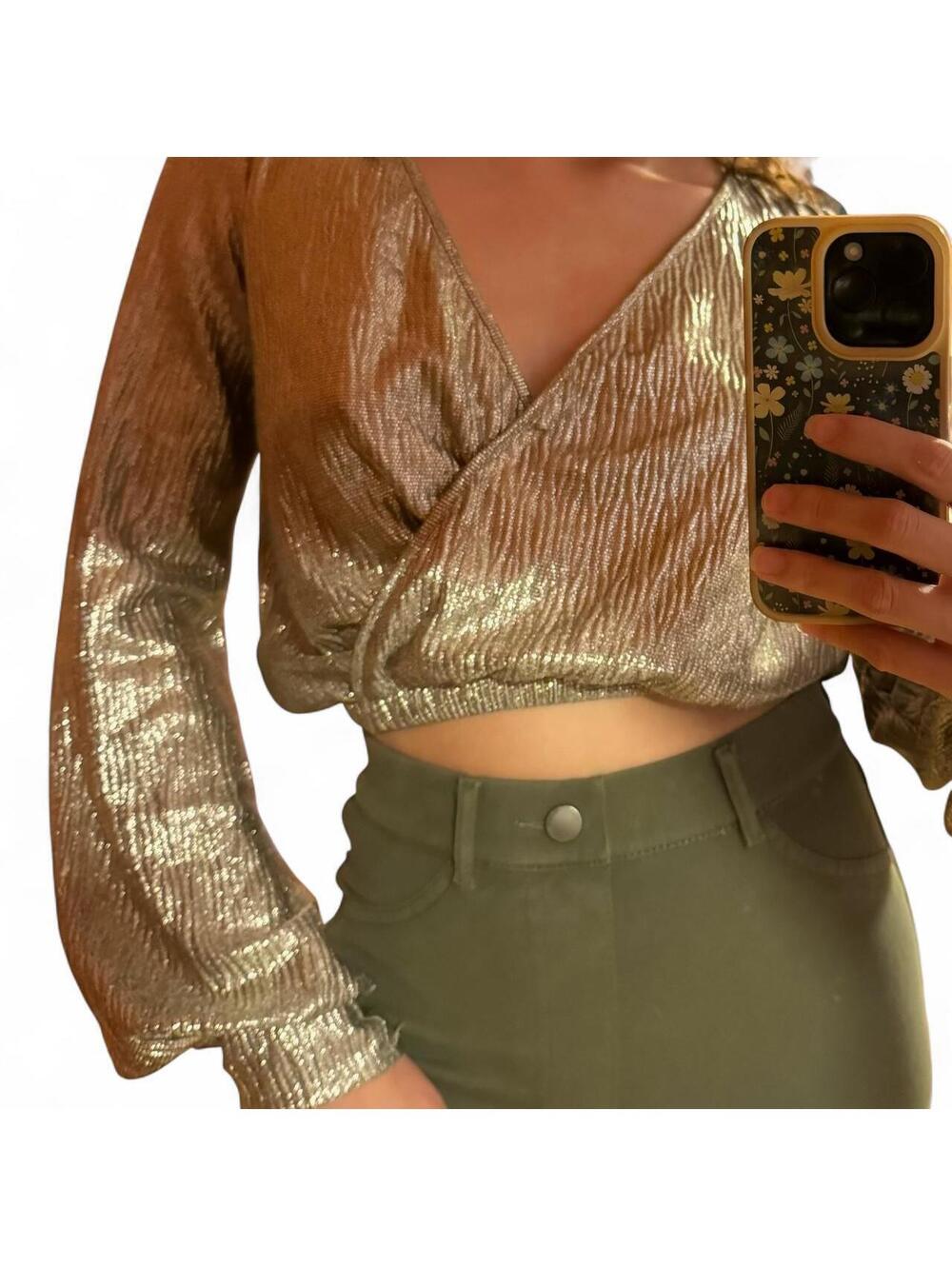 Zara Ribbed Glimmering Gold Flowy Long-Sleeve Disco Queen Wrap Blouse Size S